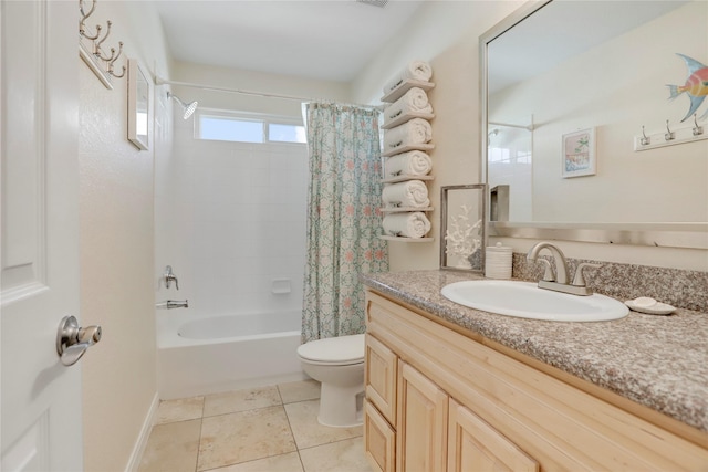 bathroom with vanity, shower / bath combo, tile patterned flooring, and toilet