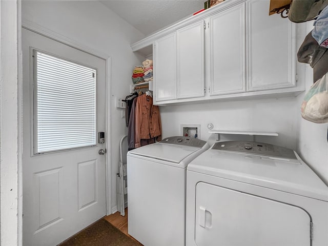 clothes washing area with cabinet space and washer and clothes dryer