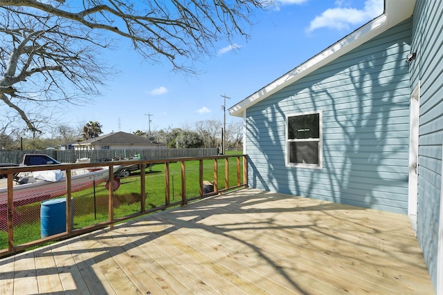 wooden terrace with a fenced backyard and a yard