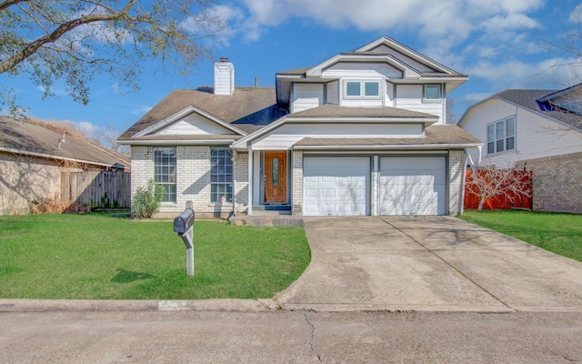 traditional-style home with brick siding, a chimney, fence, driveway, and a front lawn