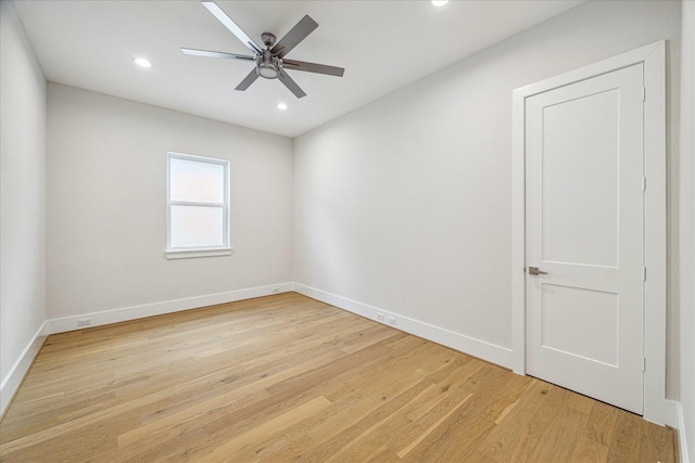 unfurnished room with ceiling fan, light wood-type flooring, baseboards, and recessed lighting