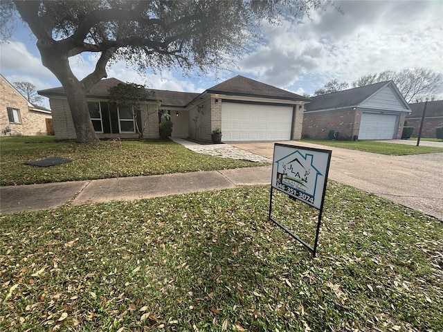 ranch-style house featuring an attached garage, a front lawn, concrete driveway, and brick siding