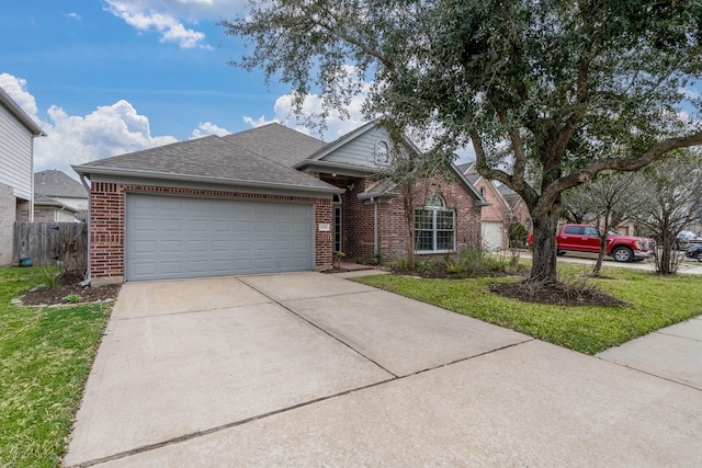 single story home featuring fence, roof with shingles, concrete driveway, a garage, and brick siding