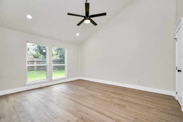 unfurnished room featuring light wood-style floors, recessed lighting, ceiling fan, and baseboards