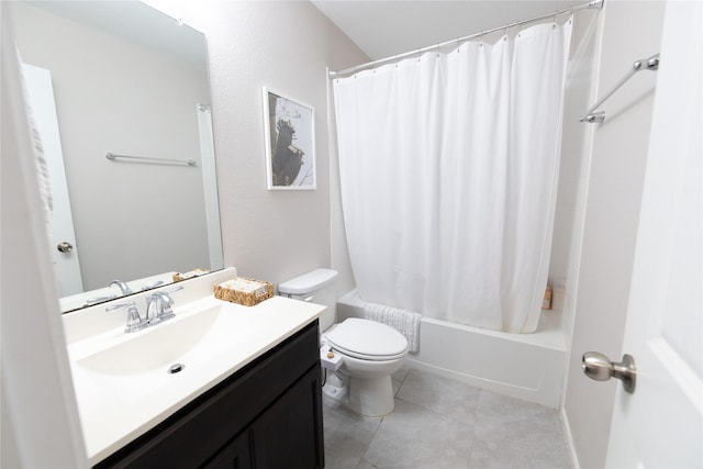 bathroom with vanity, tile patterned flooring, toilet, and shower / bathtub combination with curtain