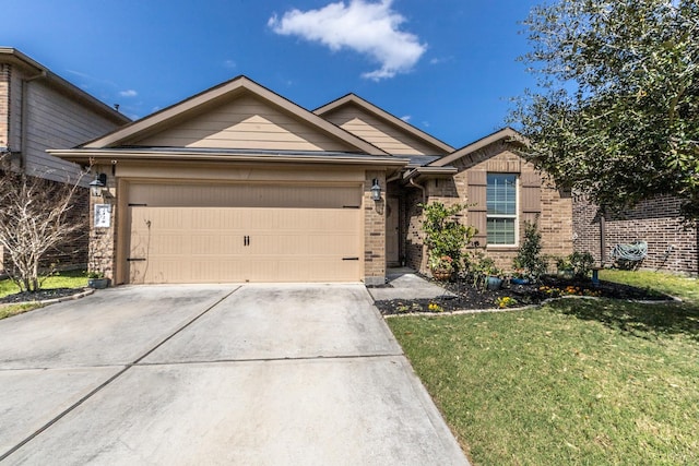 ranch-style house with a front lawn, brick siding, driveway, and an attached garage