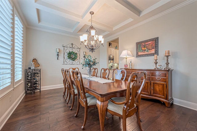 dining room featuring baseboards, coffered ceiling, dark wood-type flooring, and a chandelier