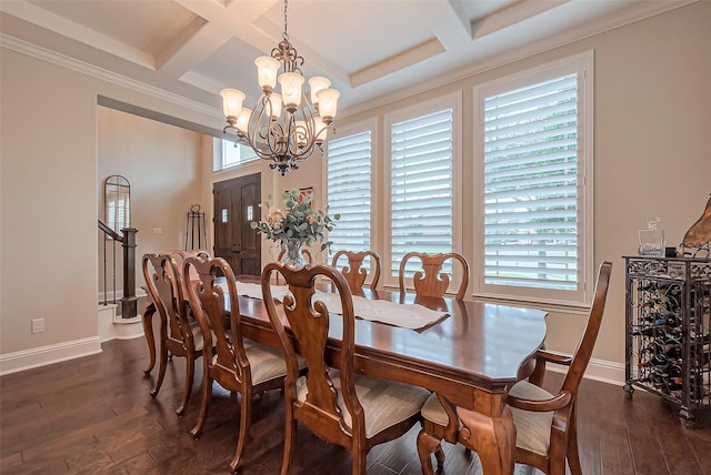 dining area featuring a healthy amount of sunlight, baseboards, coffered ceiling, and dark wood-type flooring