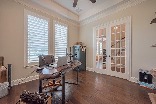 office with wood finished floors, visible vents, baseboards, french doors, and crown molding