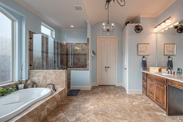 full bathroom featuring a garden tub, crown molding, visible vents, a chandelier, and tiled shower