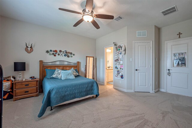 bedroom featuring carpet, visible vents, ceiling fan, and baseboards