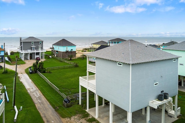 drone / aerial view featuring a water view