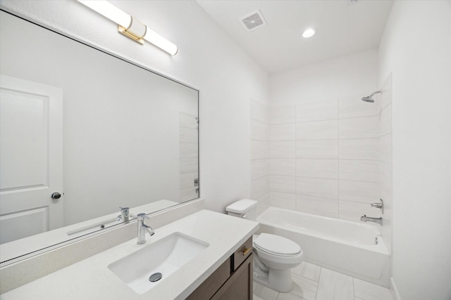 bathroom with toilet, shower / tub combination, visible vents, and vanity