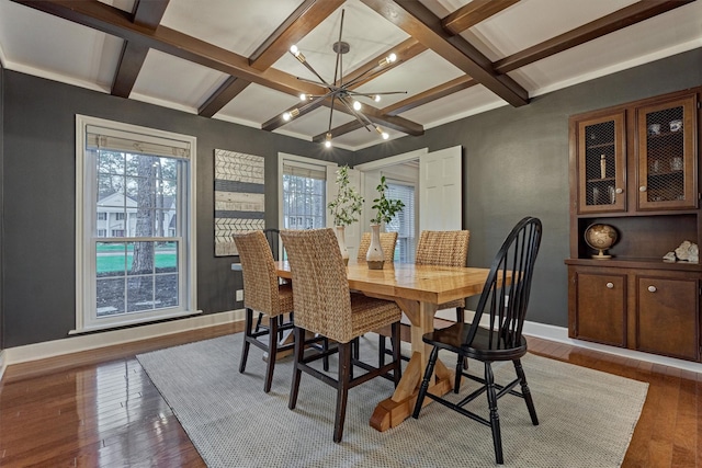 dining space with hardwood / wood-style flooring, baseboards, coffered ceiling, and a notable chandelier