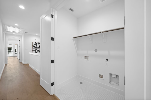 laundry area featuring attic access, hookup for a gas dryer, hookup for a washing machine, hookup for an electric dryer, and recessed lighting