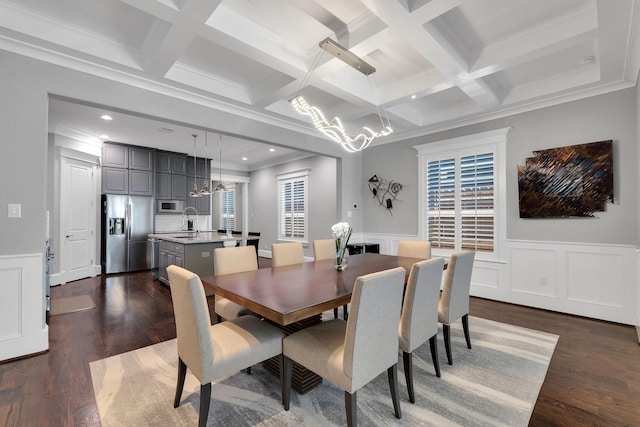 dining space featuring coffered ceiling, beam ceiling, a notable chandelier, and dark wood finished floors