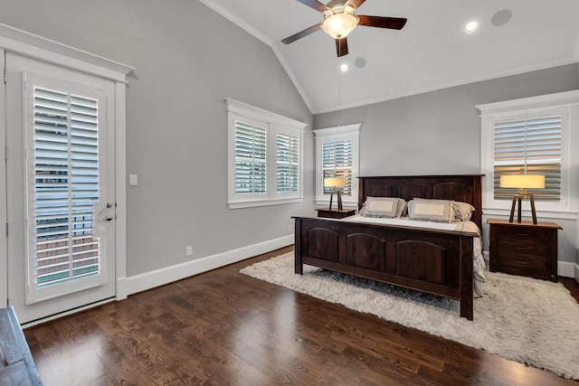 bedroom with lofted ceiling, ornamental molding, a ceiling fan, wood finished floors, and baseboards