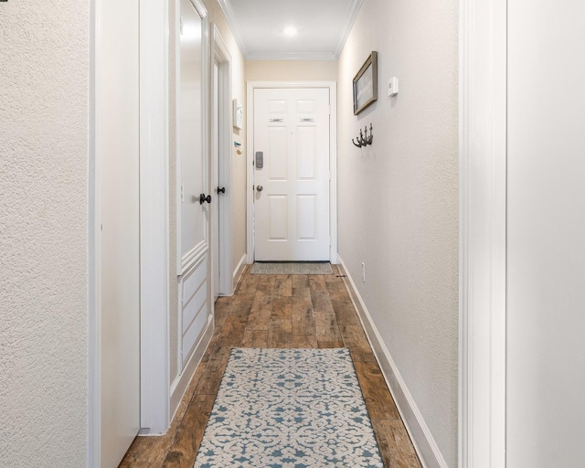 doorway to outside featuring baseboards, ornamental molding, dark wood-type flooring, and a textured wall