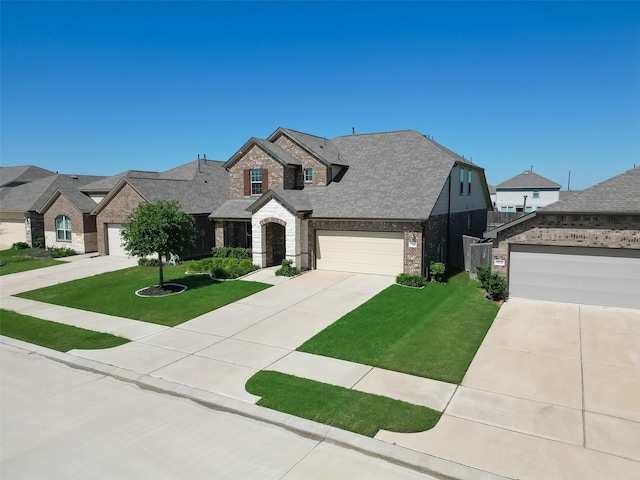 french country style house featuring brick siding, concrete driveway, a front yard, roof with shingles, and a garage