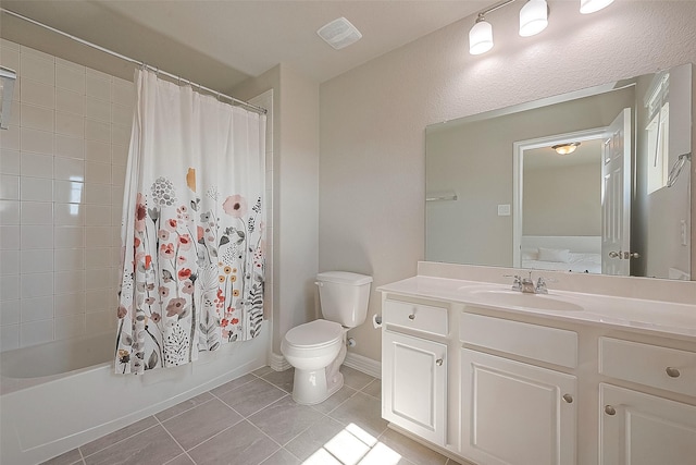 bathroom featuring tile patterned flooring, visible vents, toilet, shower / bath combination with curtain, and vanity