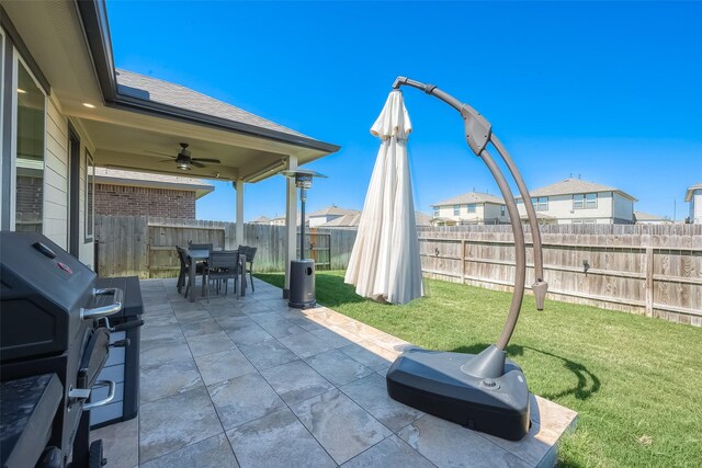 view of patio featuring ceiling fan, fence private yard, area for grilling, and outdoor dining space