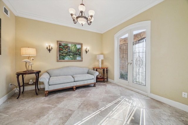 living area with baseboards, visible vents, crown molding, and french doors