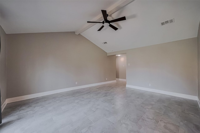 spare room featuring lofted ceiling with beams, ceiling fan, visible vents, and baseboards