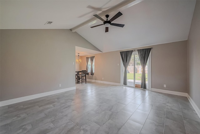 empty room featuring vaulted ceiling with beams, baseboards, visible vents, and a wealth of natural light