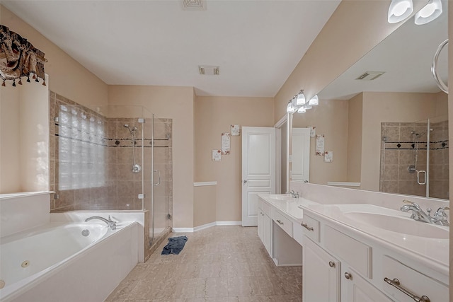 bathroom featuring visible vents, a stall shower, a sink, double vanity, and a bath