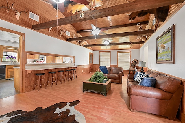 living area featuring visible vents, a ceiling fan, a wainscoted wall, wood ceiling, and light wood-type flooring