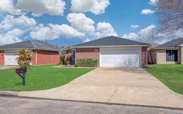 ranch-style home with a garage, brick siding, driveway, and a front lawn