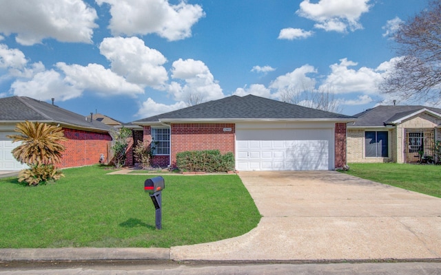 single story home featuring a garage, brick siding, driveway, roof with shingles, and a front yard