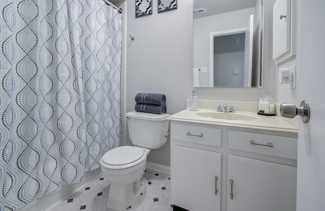 bathroom featuring toilet, a shower with shower curtain, vanity, baseboards, and marble finish floor