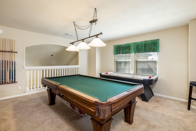 recreation room featuring visible vents, light colored carpet, billiards, and baseboards