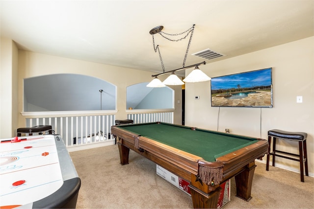 game room with billiards, carpet flooring, and visible vents