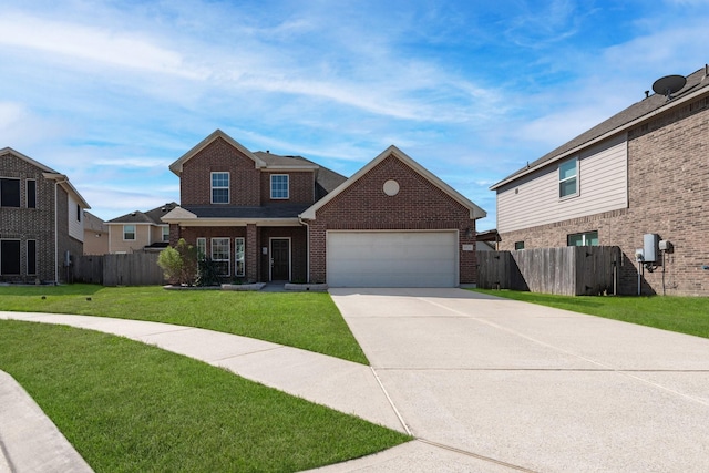 view of front of property featuring a front yard, brick siding, fence, and driveway