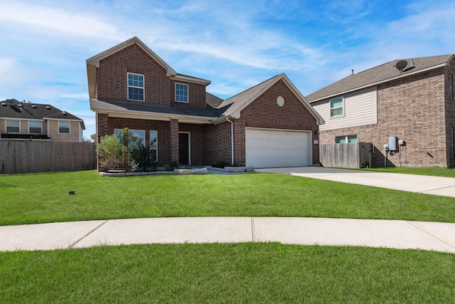 traditional home featuring a garage, concrete driveway, fence, a front lawn, and brick siding