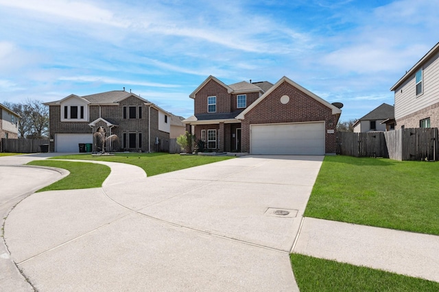 view of front of house featuring a front yard, concrete driveway, brick siding, and fence