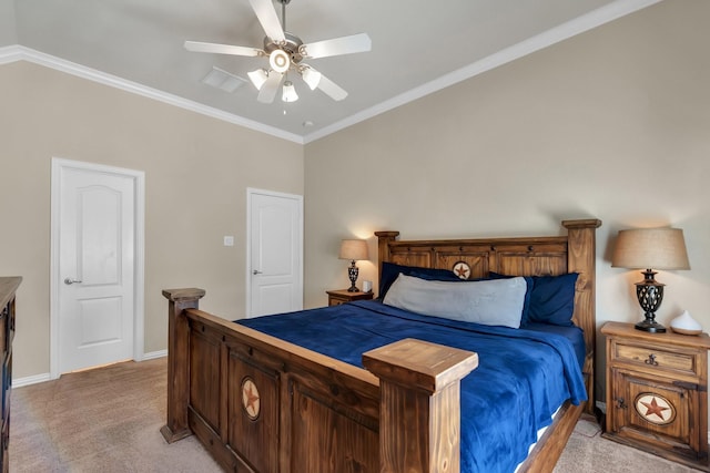 bedroom featuring ornamental molding, light carpet, ceiling fan, and baseboards