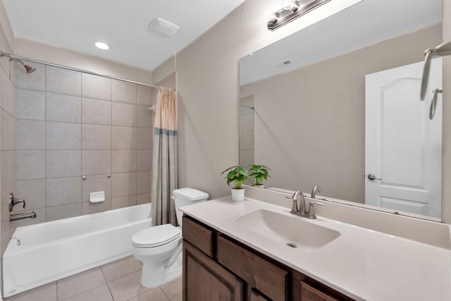 full bathroom with vanity, shower / bath combo, tile patterned flooring, and toilet