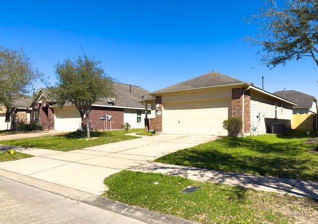 ranch-style house with brick siding, central AC, a garage, driveway, and a front lawn