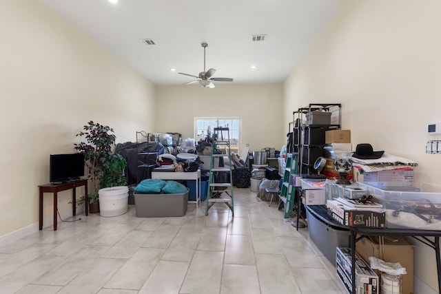 miscellaneous room featuring ceiling fan, tile patterned flooring, visible vents, and recessed lighting