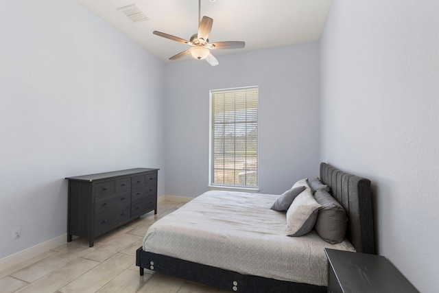 bedroom featuring a ceiling fan, visible vents, and baseboards