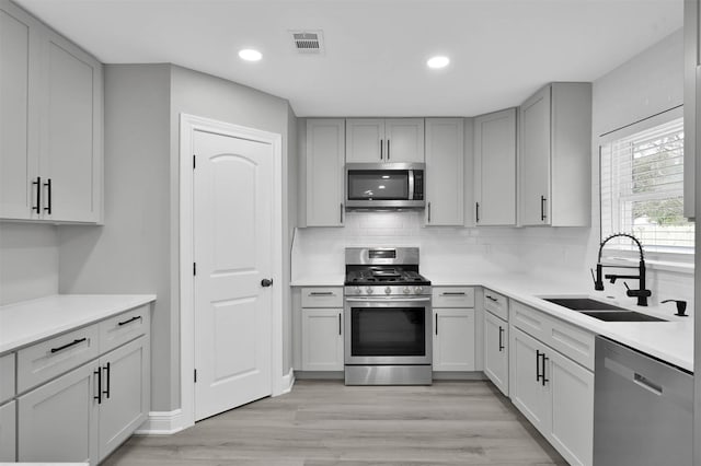 kitchen with a sink, visible vents, appliances with stainless steel finishes, backsplash, and light wood finished floors