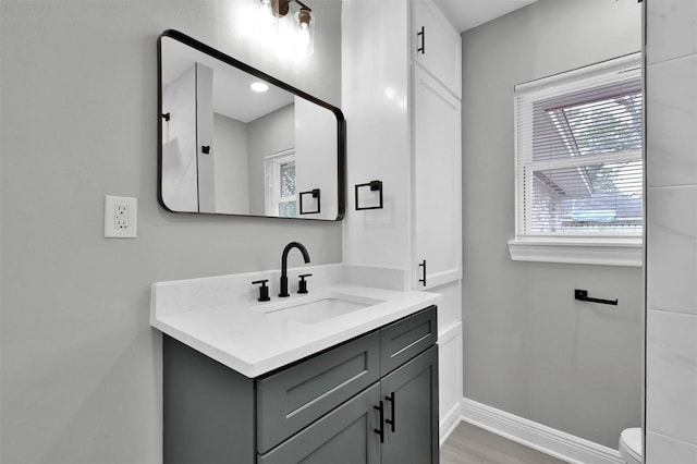 bathroom with toilet, vanity, baseboards, and wood finished floors