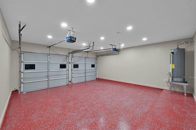 garage with recessed lighting, baseboards, gas water heater, and a garage door opener