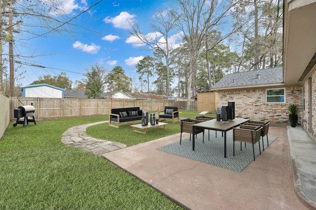 view of yard with an outdoor hangout area, a patio, and a fenced backyard