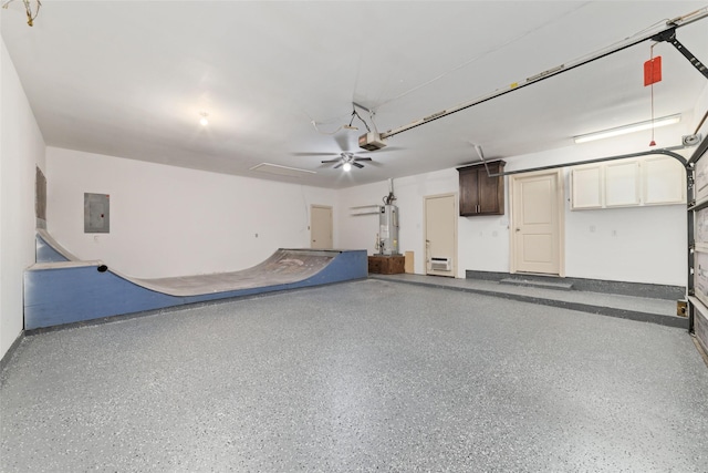 garage with water heater, electric panel, and a garage door opener