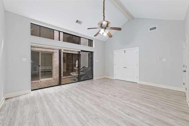 interior space featuring baseboards, visible vents, wood finished floors, and beamed ceiling
