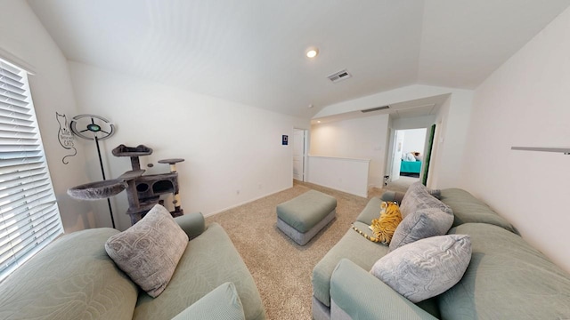 living room featuring lofted ceiling, carpet floors, visible vents, and recessed lighting